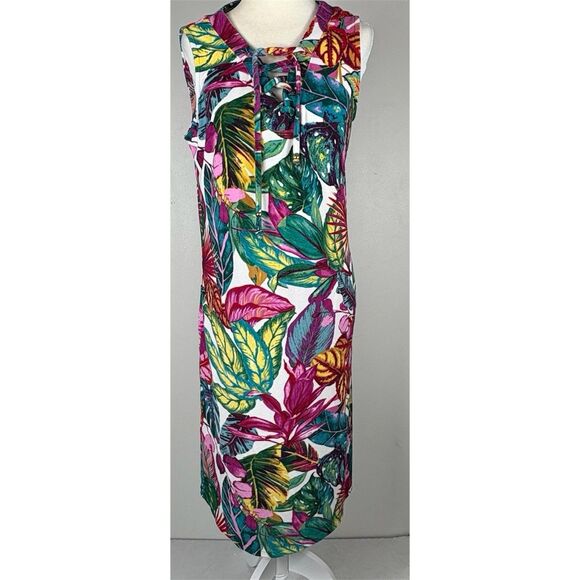 Susan Graver Soleil Brushed Knit Dress Palm Tropical Cover Up Terry Cloth Small - Picture 1 of 15